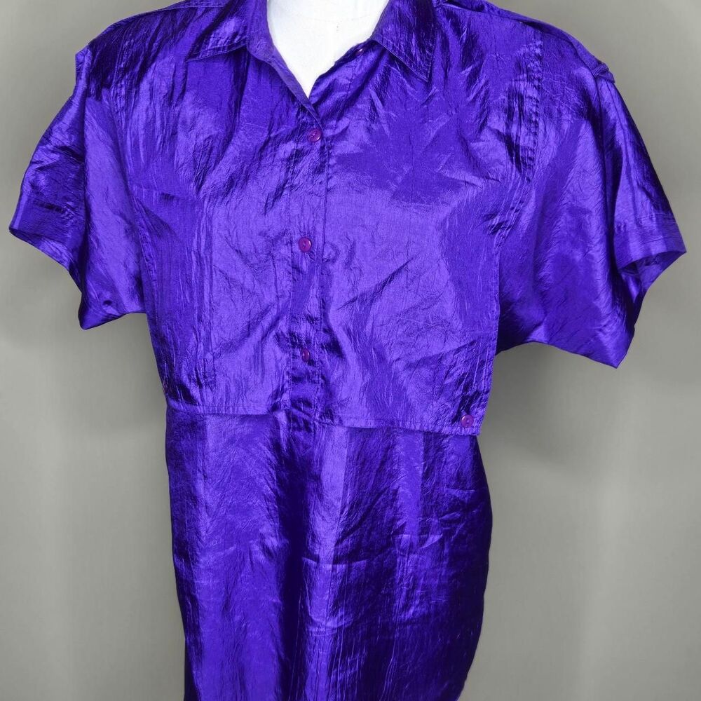 Laura & Jayne 80s Purple Crinkle Blouse Sz 10 Vintage Glam Maximalist Top
